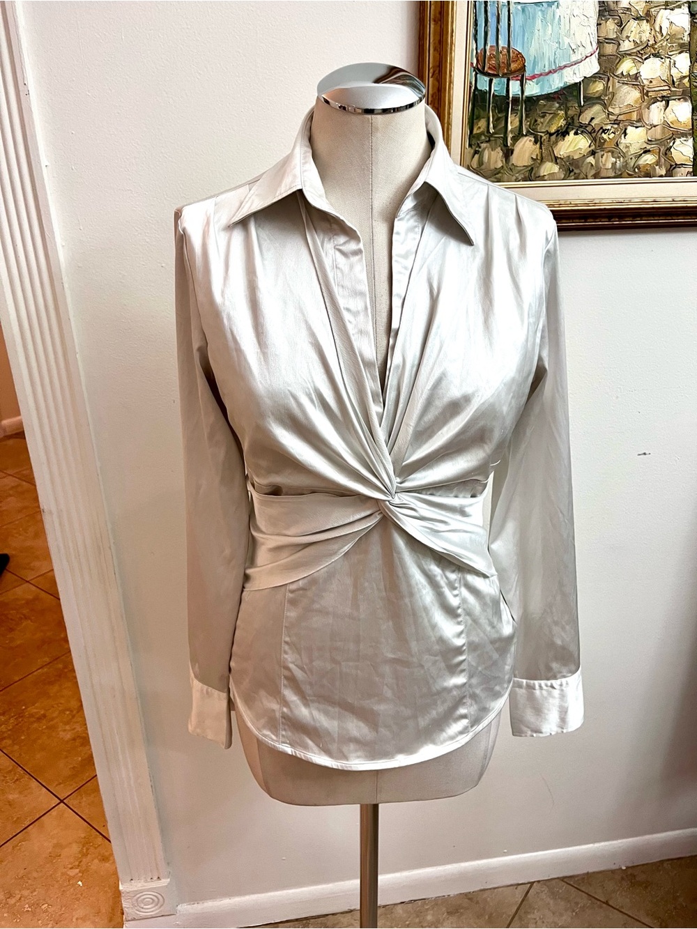 New York & Company Ivory Satin Twist-Front Button Down Shirt